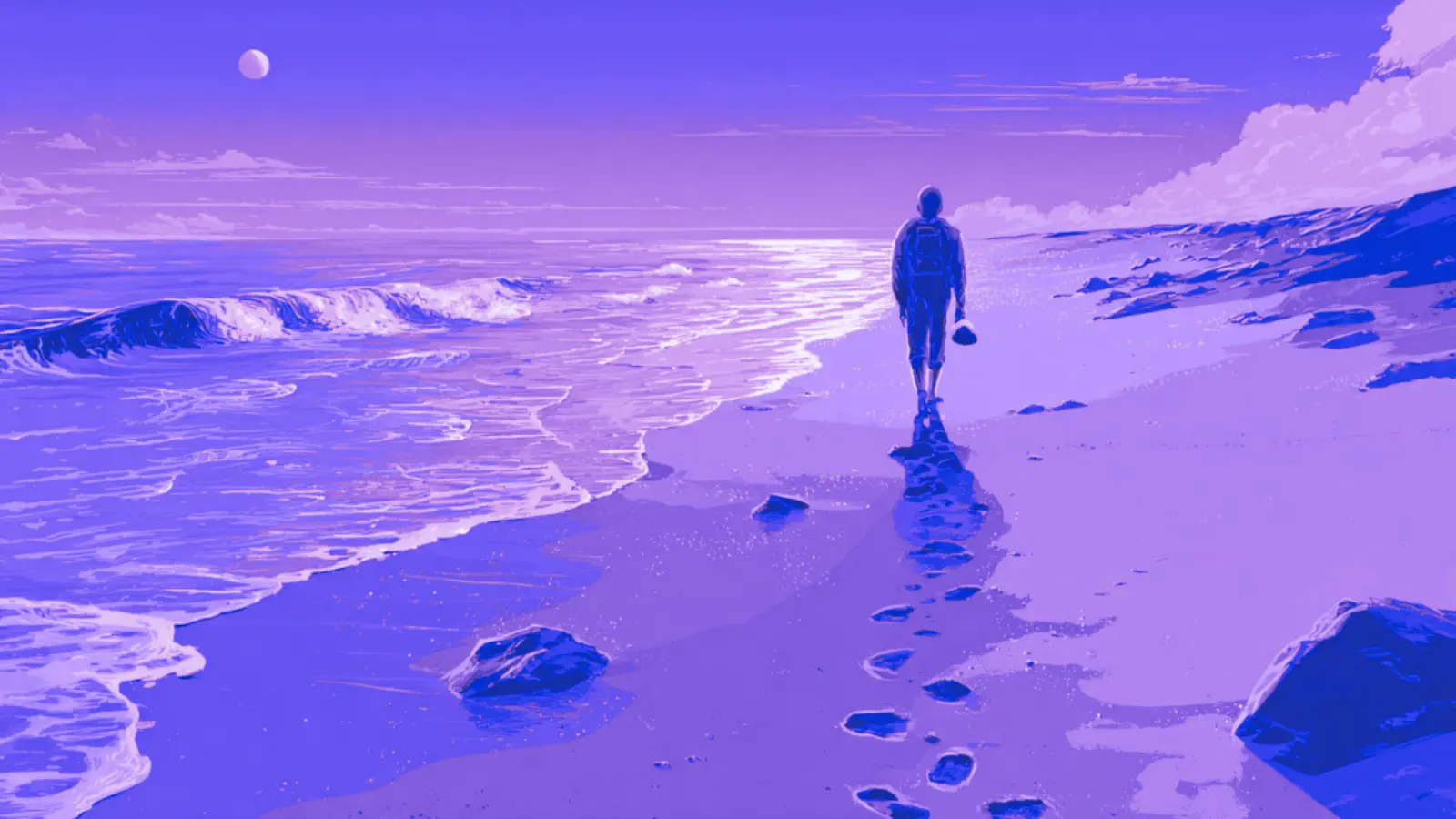 Ein Mensch läuft am Strand entlang und hinterlässt Fußabdrücke und sucht Muscheln als Symbol für die Pre-Awareness und Awareness-Phase