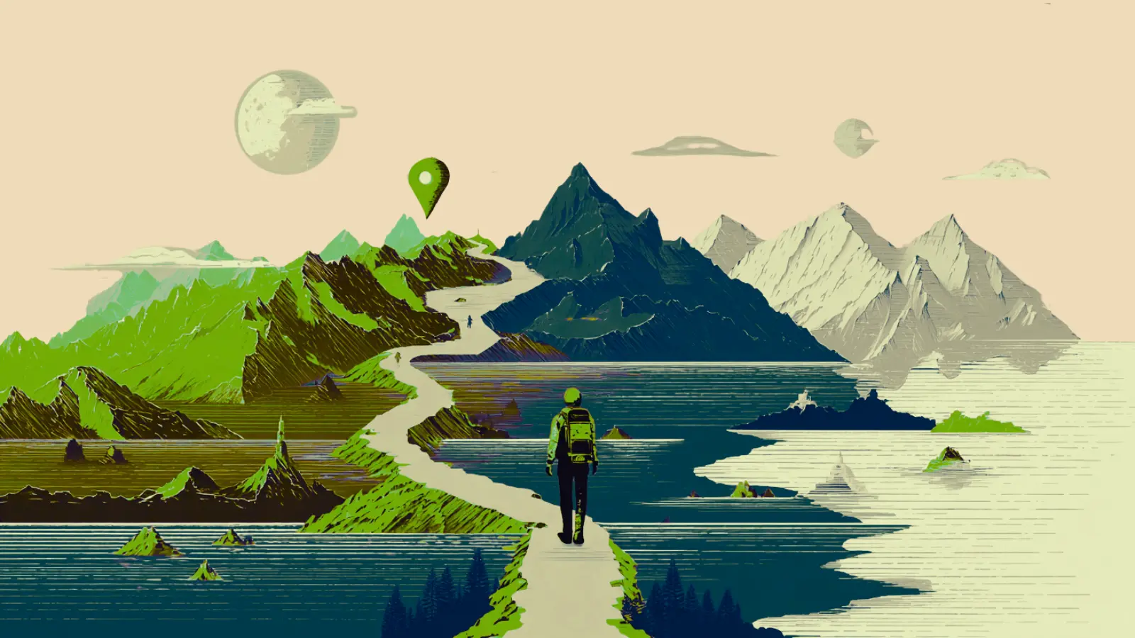 Customer Journey als zentrales Navigationsinstrument (1) Mann mit einem Rucksack ist auf dem Weg in die Berge, am Ende des Weges ist das Ziel eingezeichnet als Symbol für die Customer Journey als Navigationssystem
