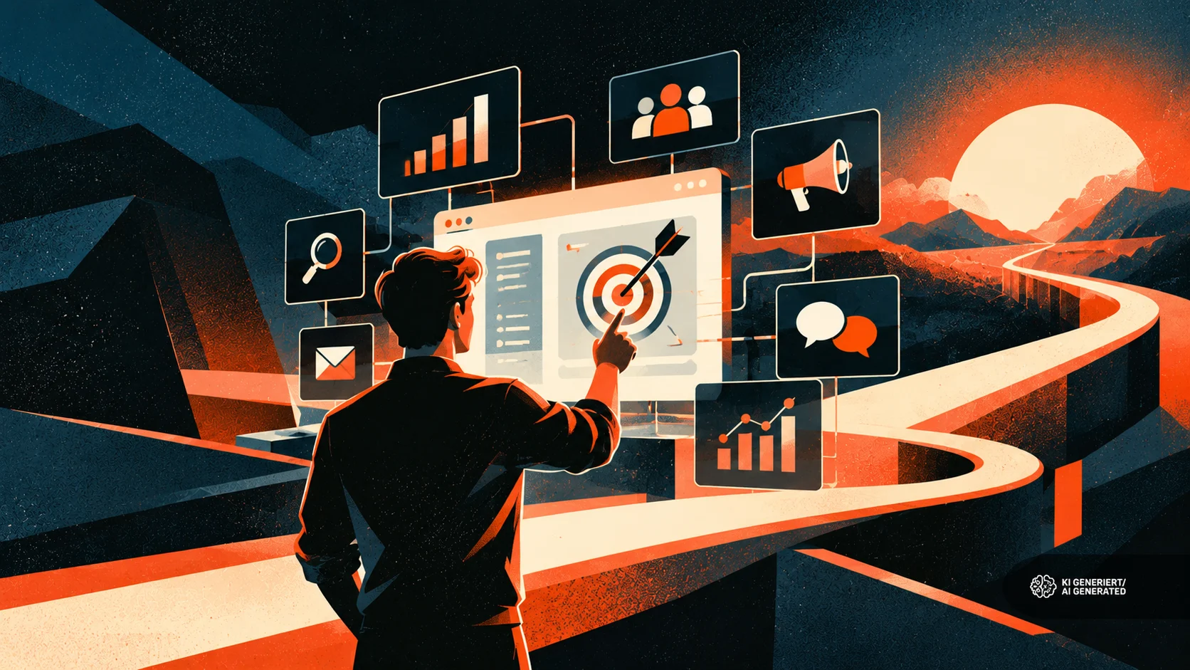 Illustration eines Modernes Marketing System mit vernetzten Kanälen, Zielgruppen, Datenanalyse und strategischer Ausrichtung auf gemeinsame Marketingziele.