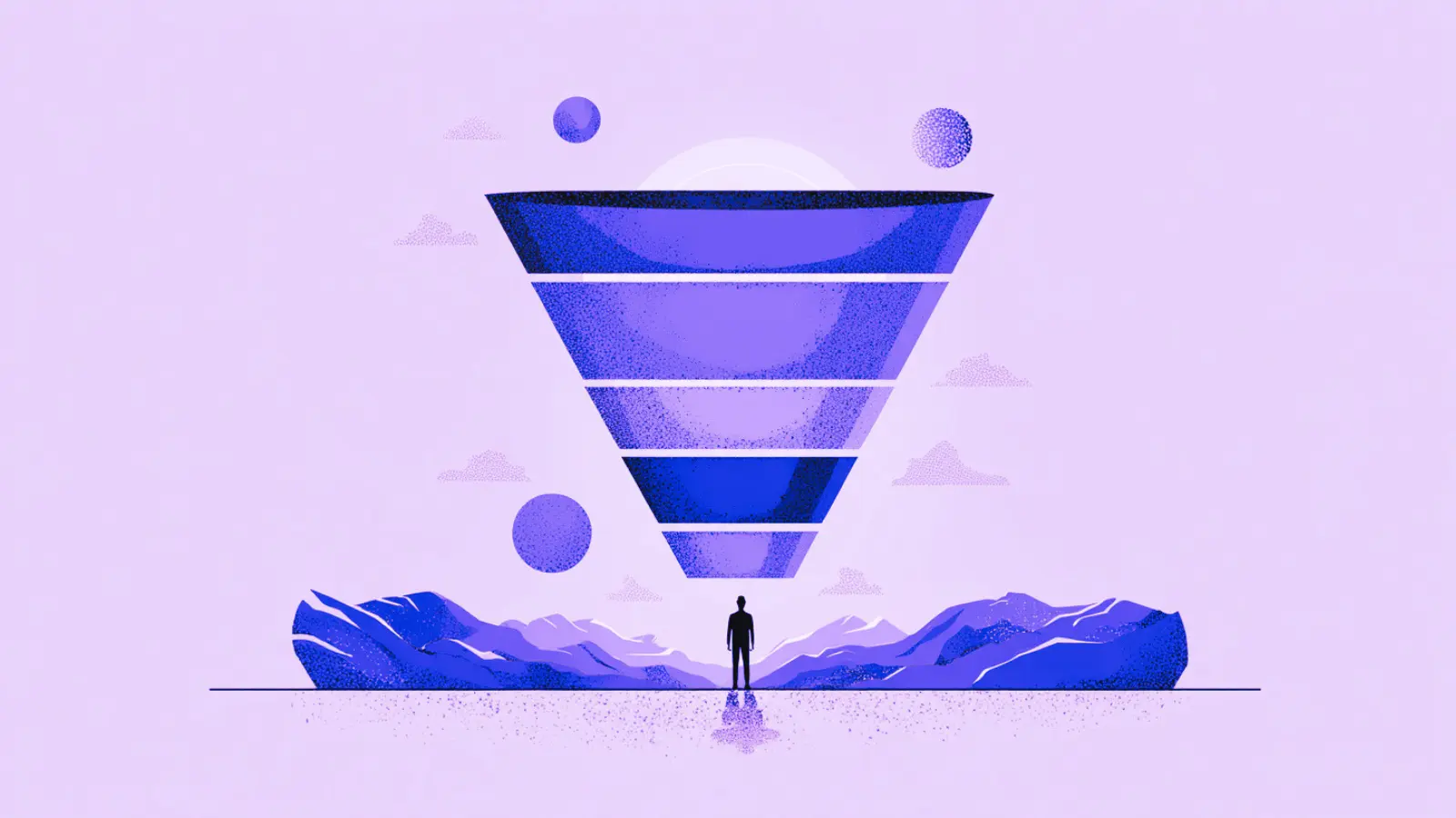 Marketing Funnel (1) Ein großer Trichter unterteilt in verschiedene Teile und darunter steht ein Mann, dies dient als Symbol für den Marketing Funnel