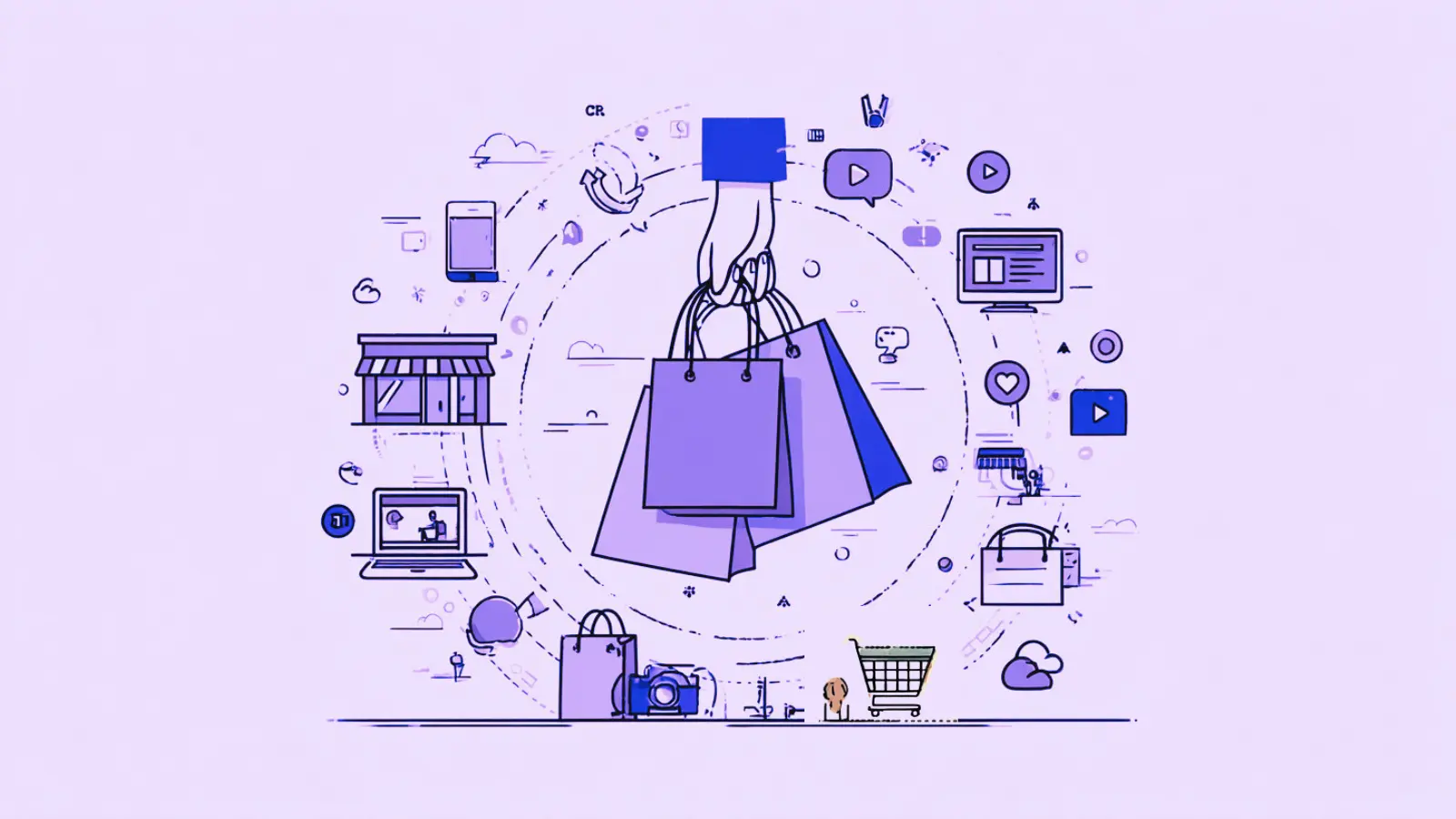 In der Mitte ist ein Kreis, in dem eine Hand Einkaufstüten hält; um den Kreis herum verschiedene Kanäle wie Ladengeschäft, Newsletter, Website, soziale Medien, Video, Kundensupport als Symbol für eine Omnichannel-Strategie