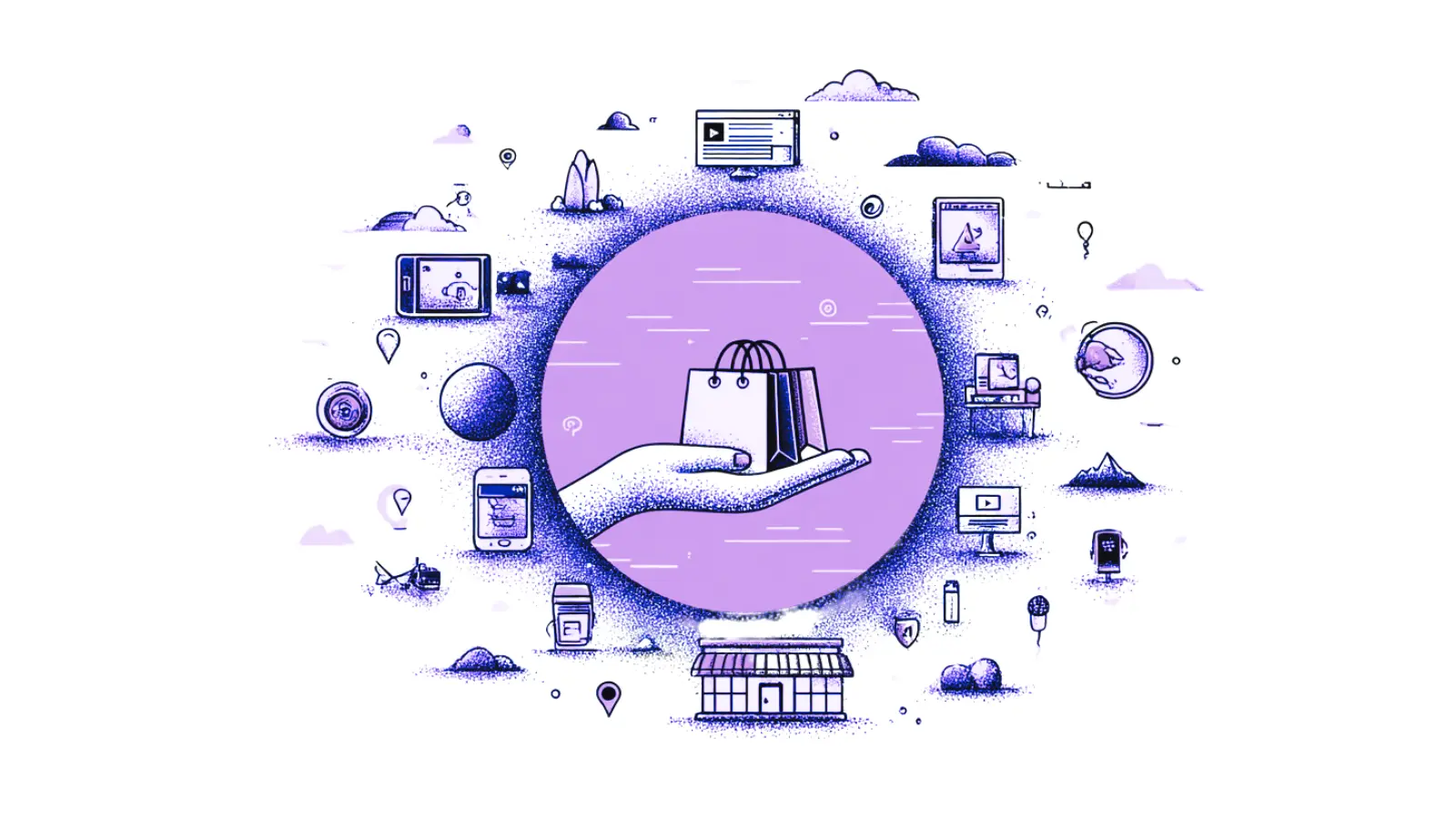 Omnichannel In der Mitte ist ein Kreis, in dem eine Hand Einkaufstüten hält; um den Kreis herum verschiedene Kanäle als Symbol für Omnichannel