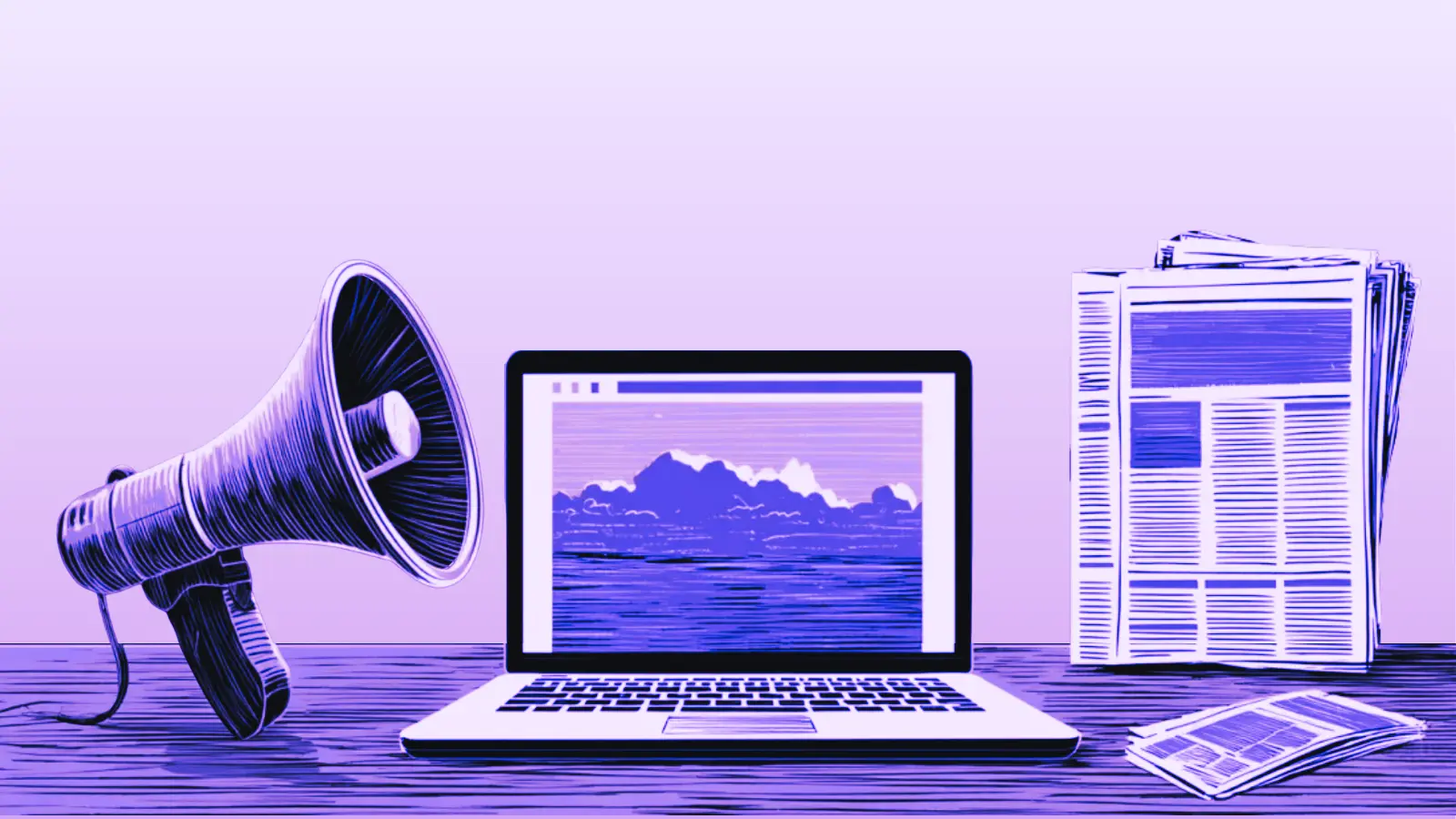 Paid, Owned, Earned Media 2 Ein Megaphon, ein Laptop mit Website sowie Presse als Symbol für Paid, Owned und Earned Media