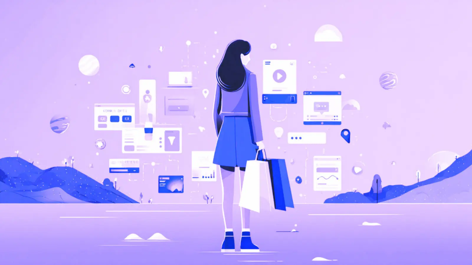 Frau blickt auf verschiedene Kanäle eines Unternehmens wie Video, Website, Social Media und vieles mehr als Symbol für Touchpoints.