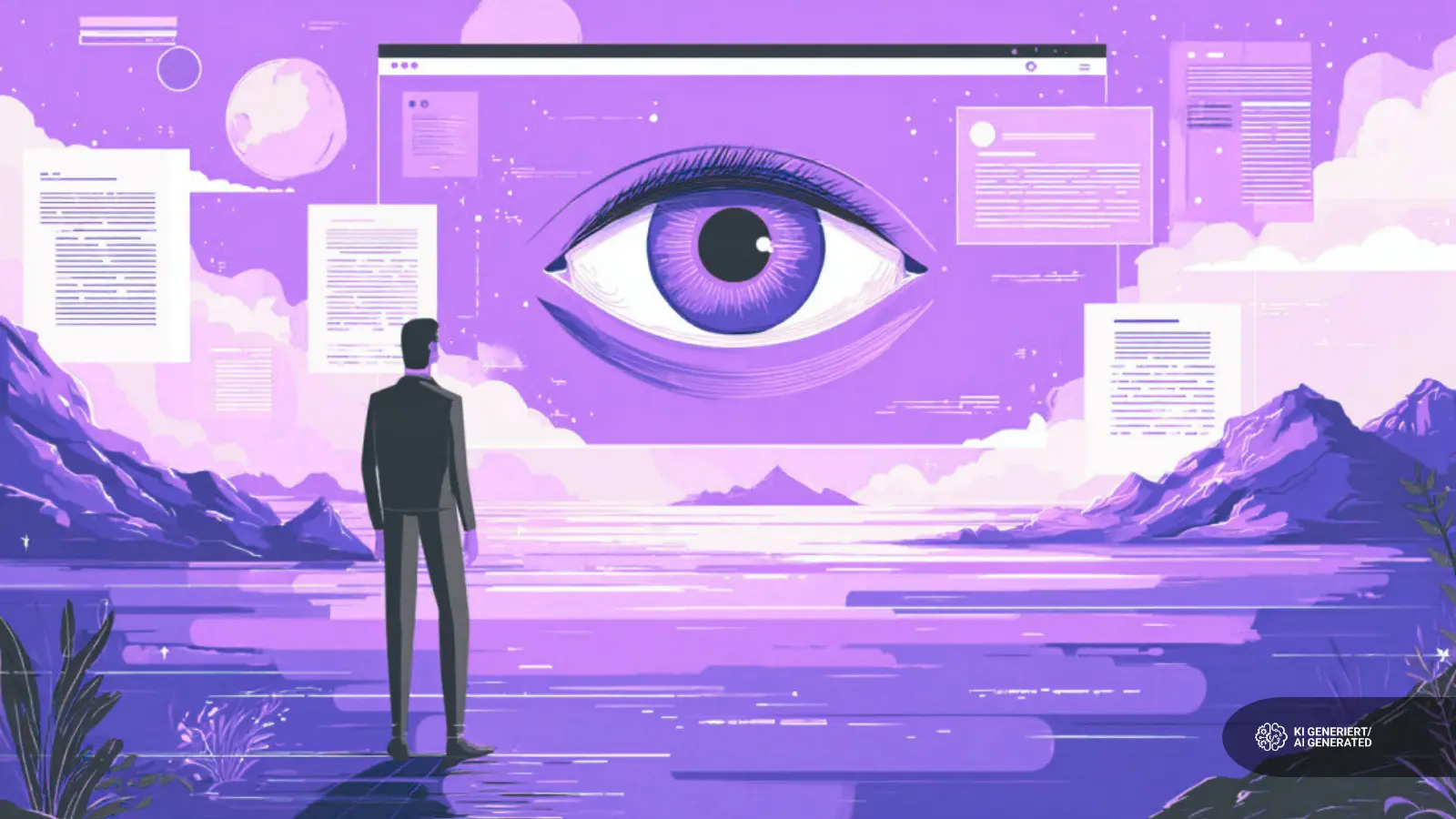 Ein Mensch sieht auf verschiedene digitale Inhalte und in der Mitte ist ein Auge als Symbol für Viewability und Viewable Impressions